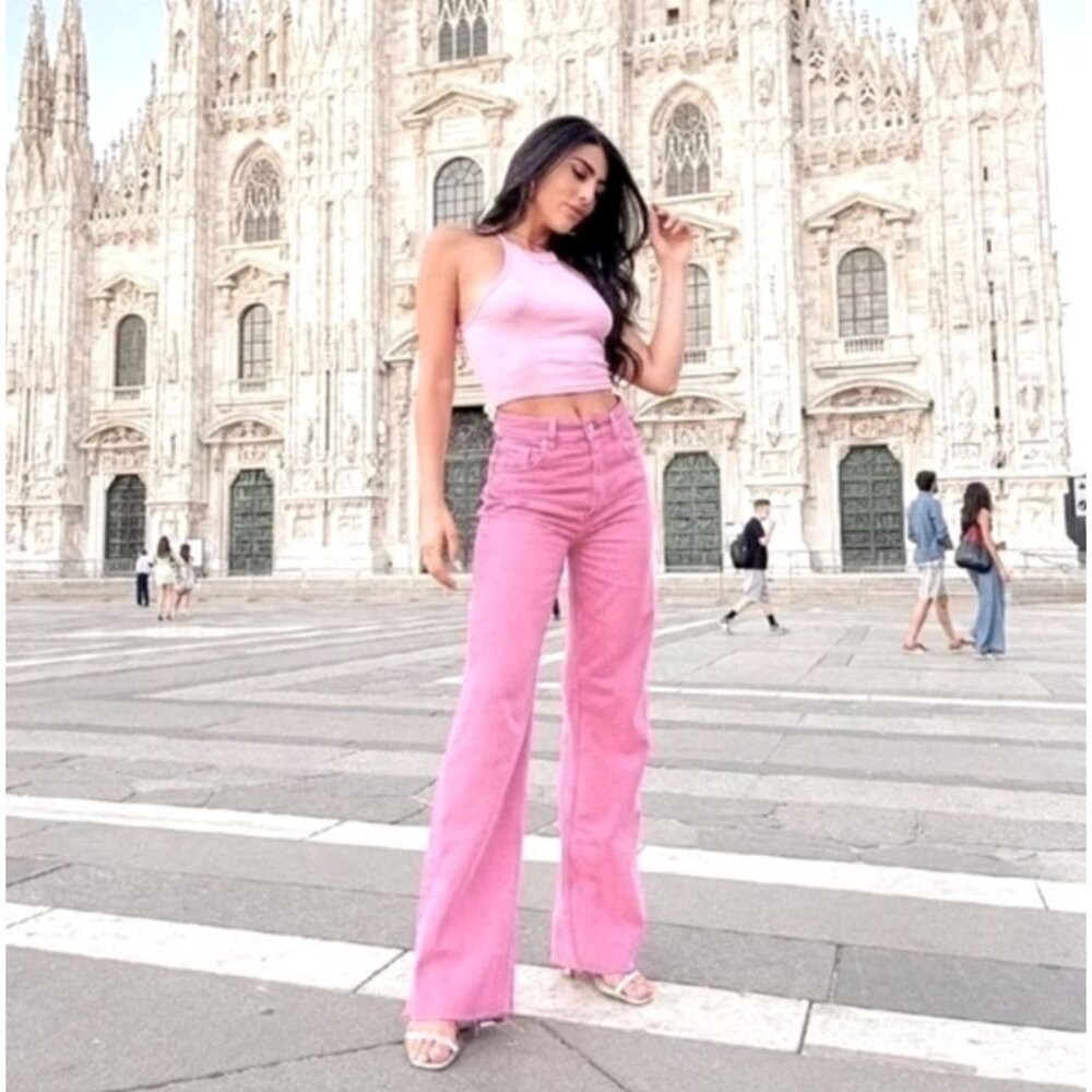 ZARA  High Waist Wide Leg Full Length Jeans Full Color Pink Blogger Fave 6